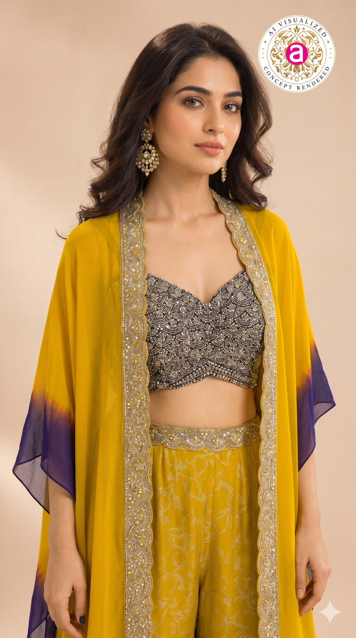 Mustard Yellow Printed Sharara Set with Embellished Cape Dupatta