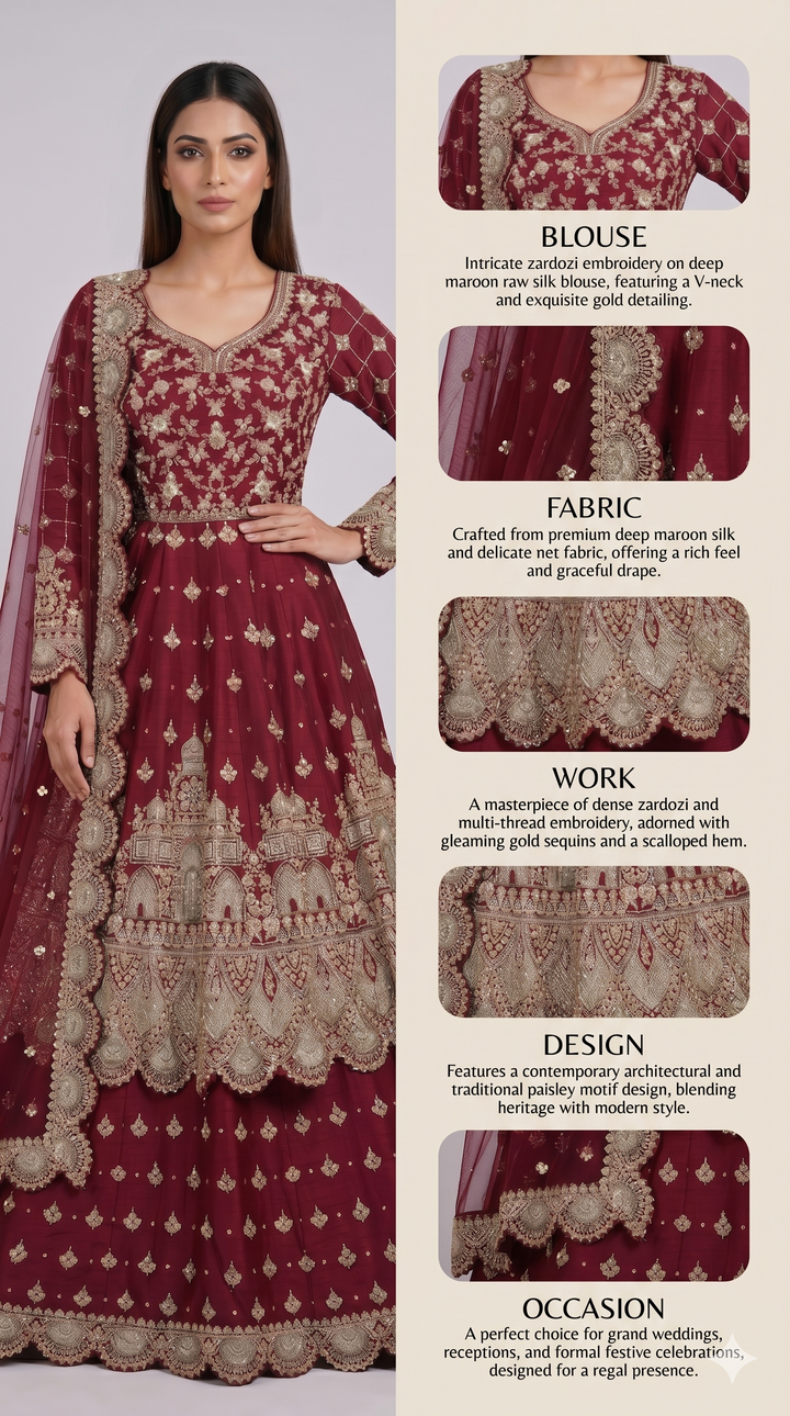 Wine Maroon Embroidered Anarkali Gown Set with Net Dupatta