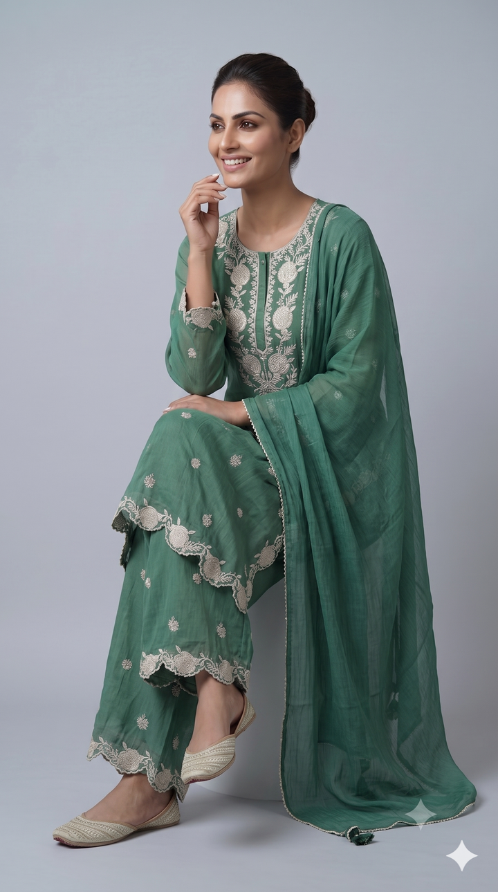 Sea Green Embroidered Kurta Palazzo Set with Dupatta