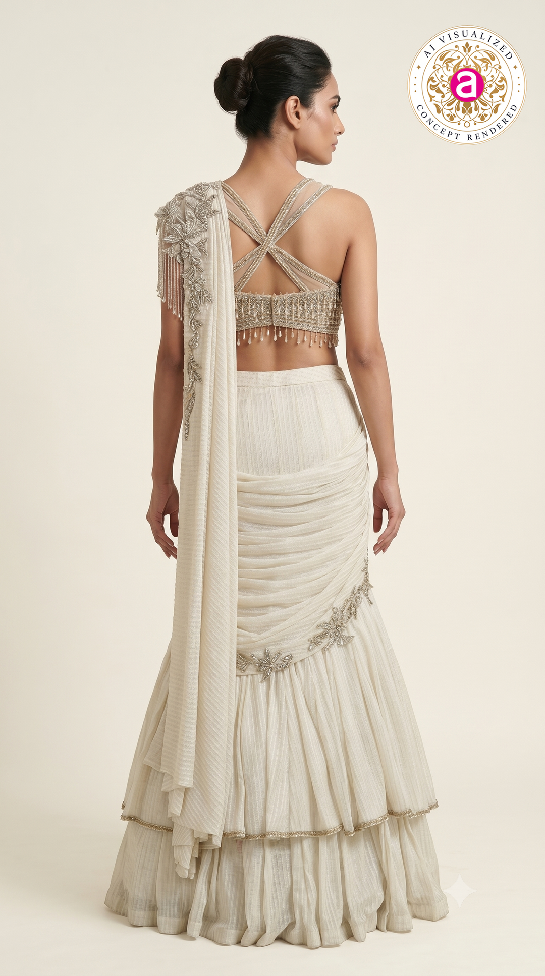 Ivory Crystal Embellished Ready-to-Wear Saree Set