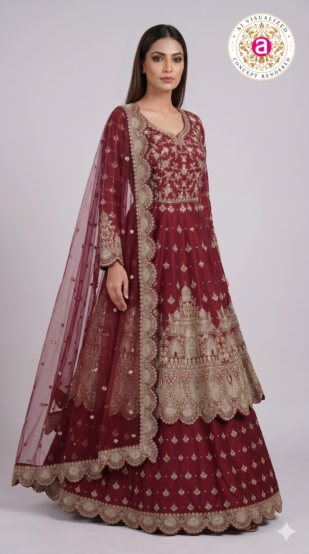 Wine Maroon Embroidered Anarkali Gown Set with Net Dupatta