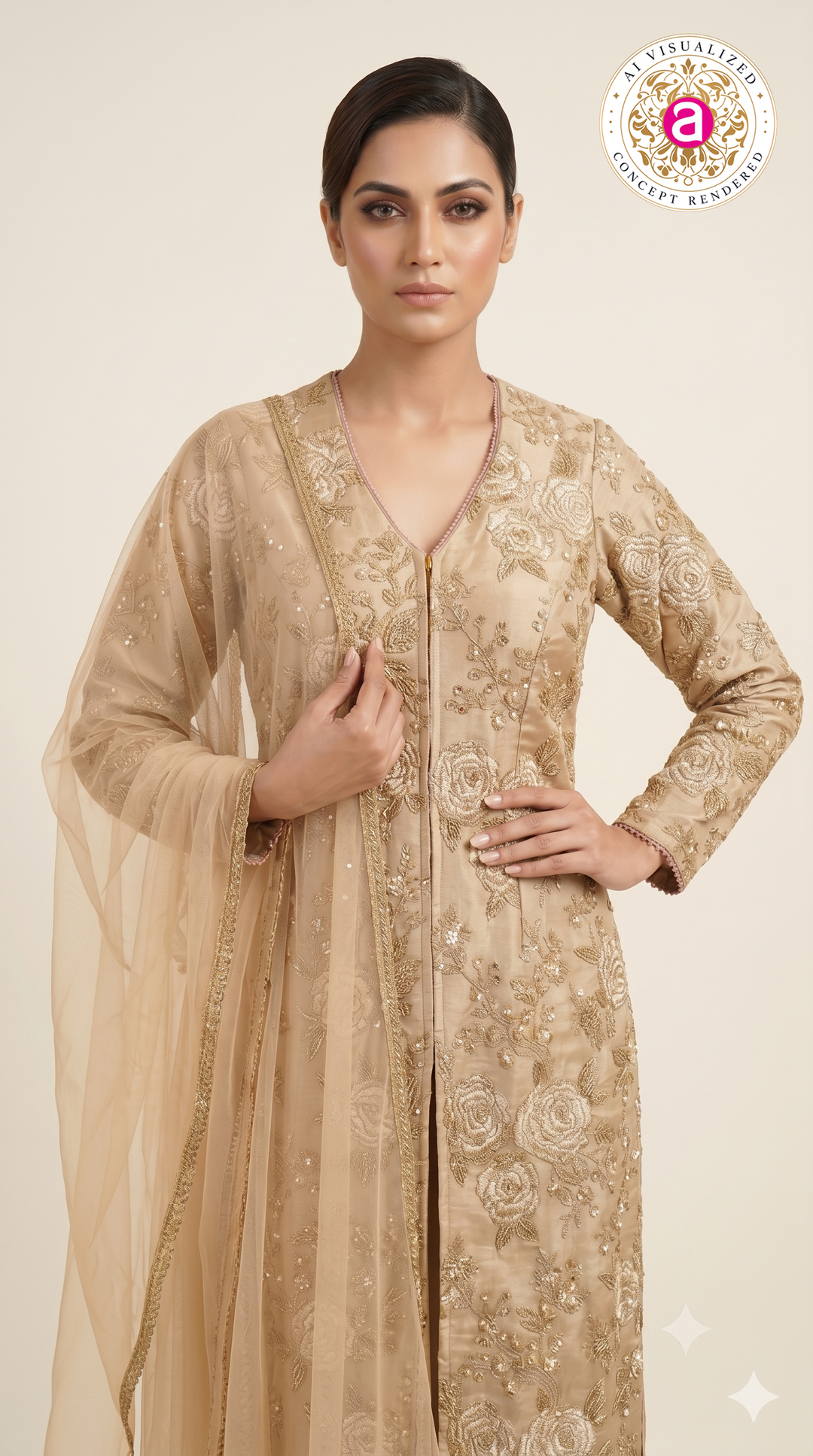 Champagne Gold Floral Embroidered Straight Suit Set