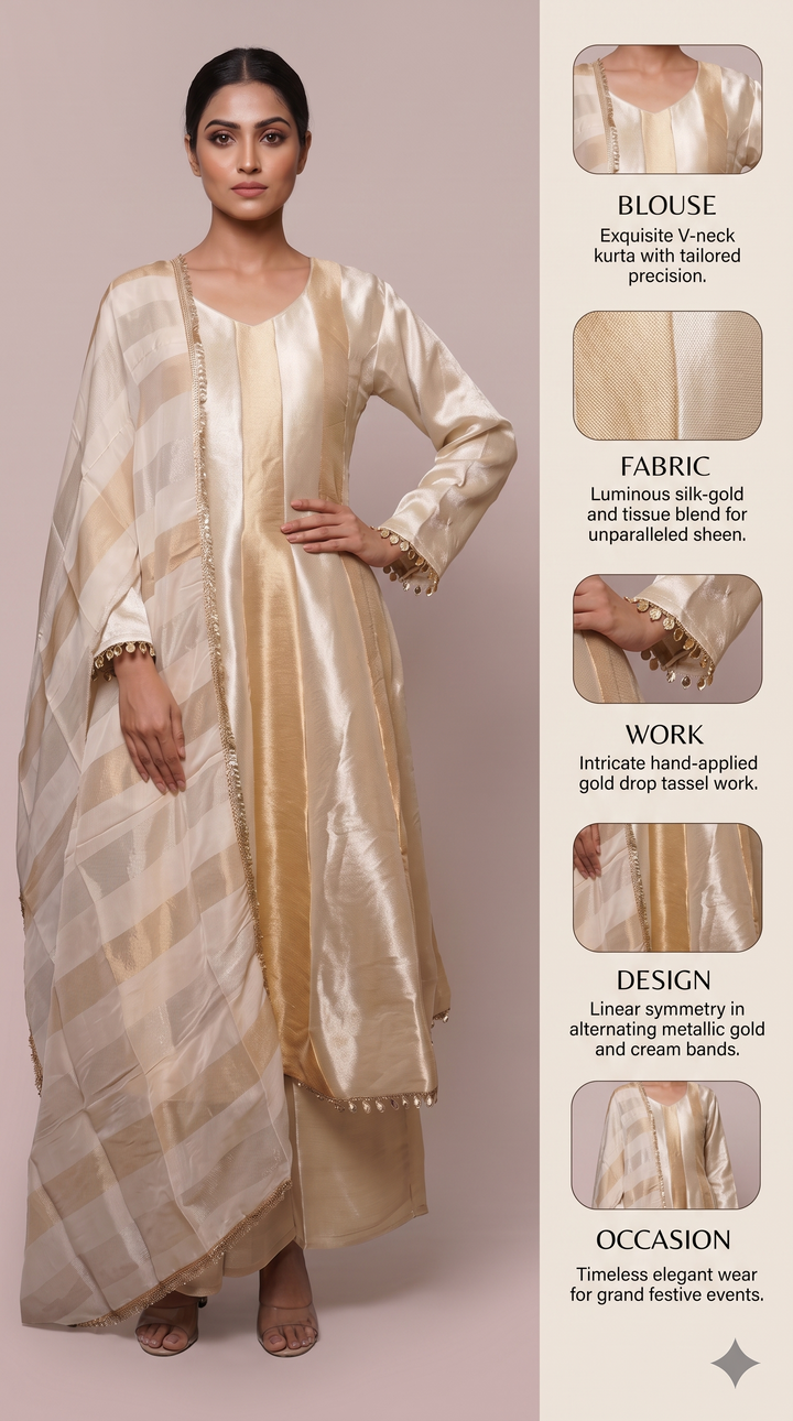 Champagne Gold Kurta Palazzo Set with Striped Dupatta