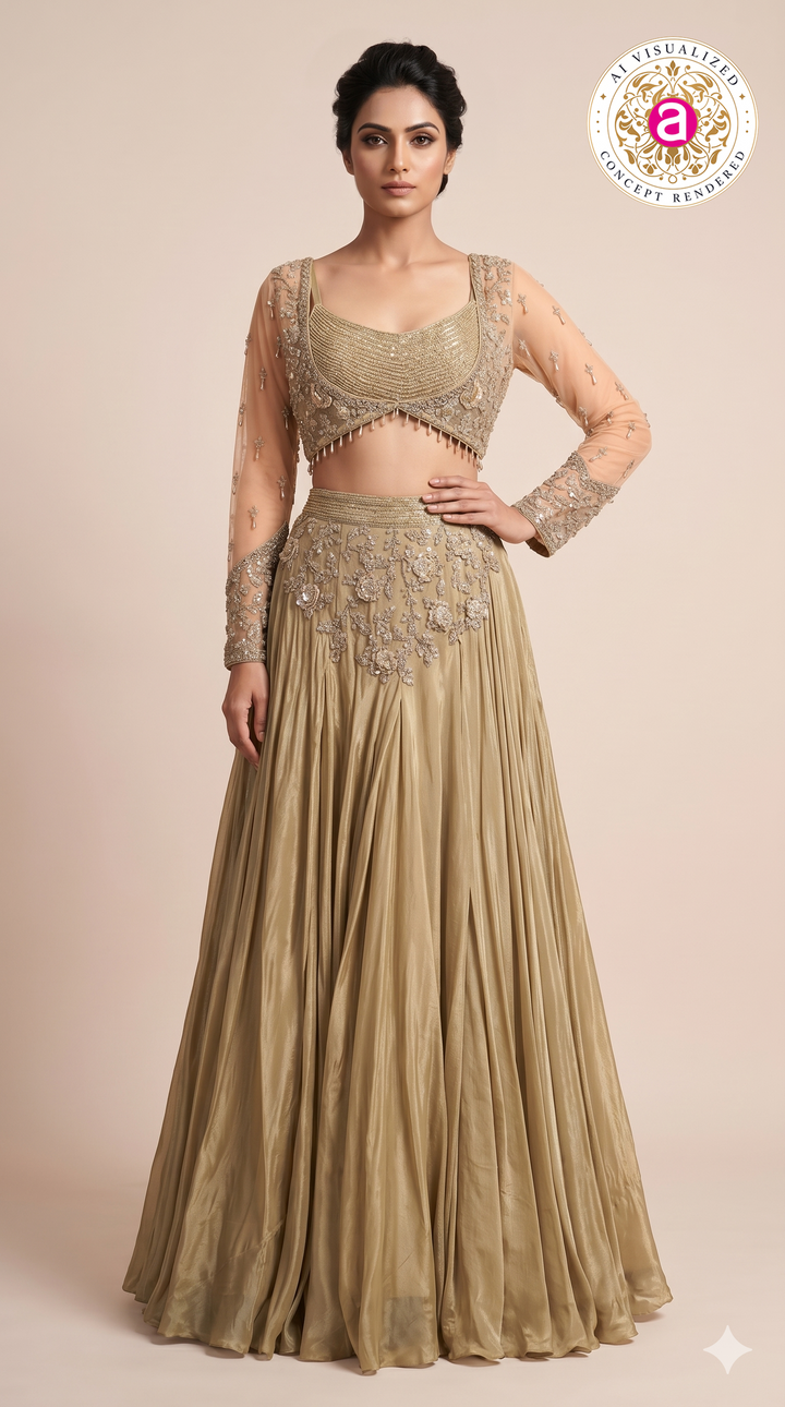 Champagne Gold Embroidered Lehenga Set with Sheer Embellished Sleeves