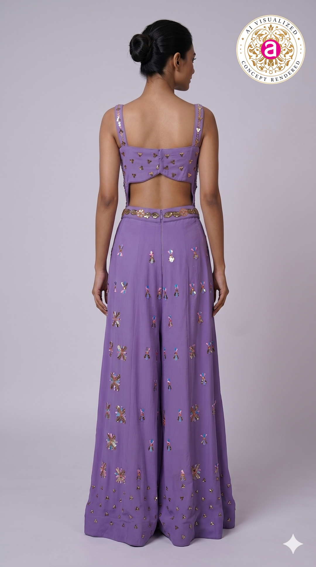 Lavender Embellished Cut-Out Blouse with Floral Palazzo Pants