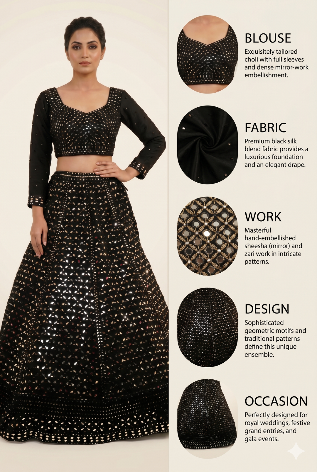 Midnight Black Mirror Work Lehenga Set with Full Sleeve Designer Blouse