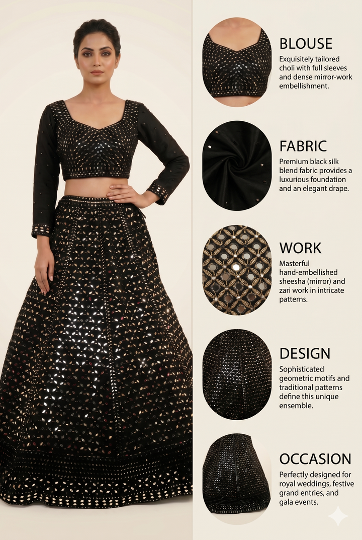 Midnight Black Mirror Work Lehenga Set with Full Sleeve Designer Blouse
