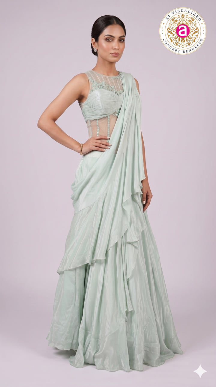 Mint Green Ready-to-Wear Saree with Ruffle Drape & Embellished Designer Blouse