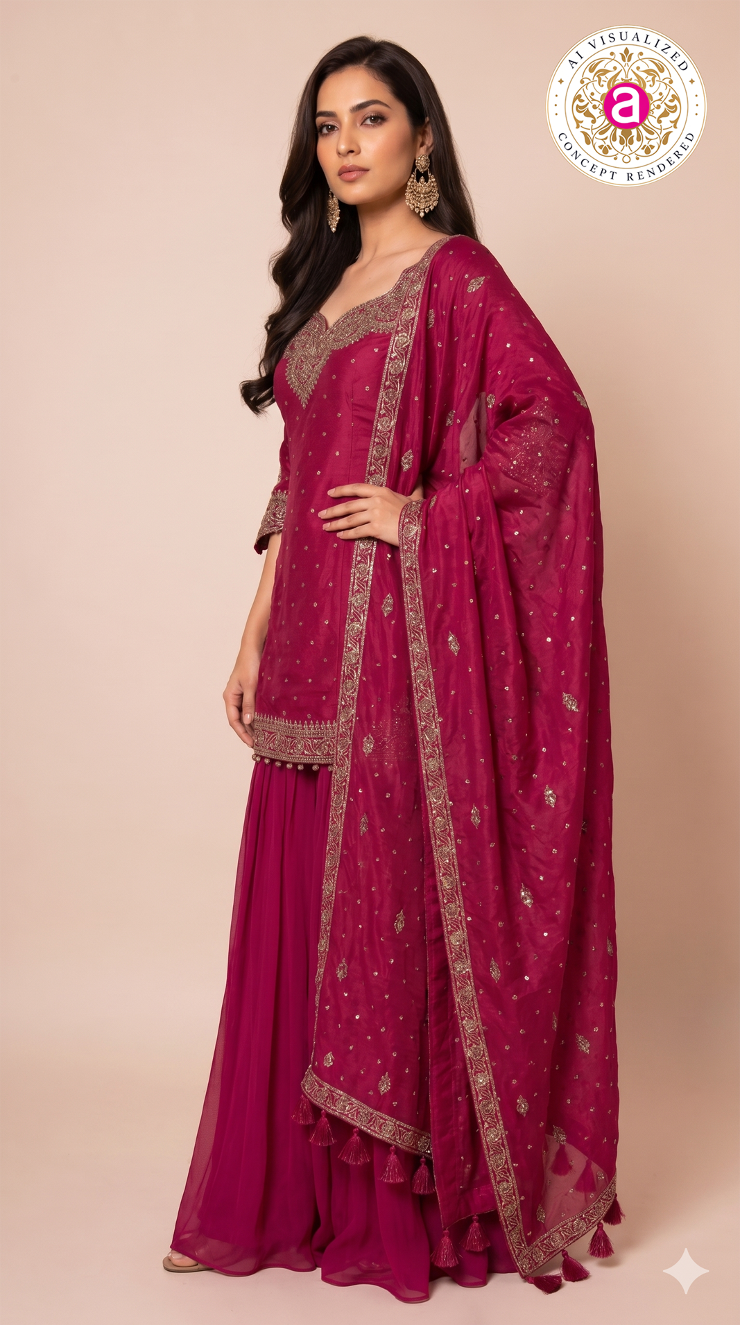 Fuchsia Pink Embroidered Kurta Sharara Set with Dupatta