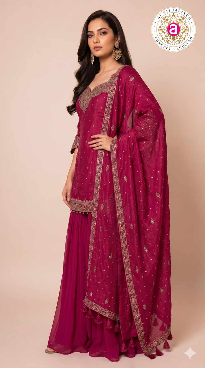 Fuchsia Pink Embroidered Kurta Sharara Set with Dupatta