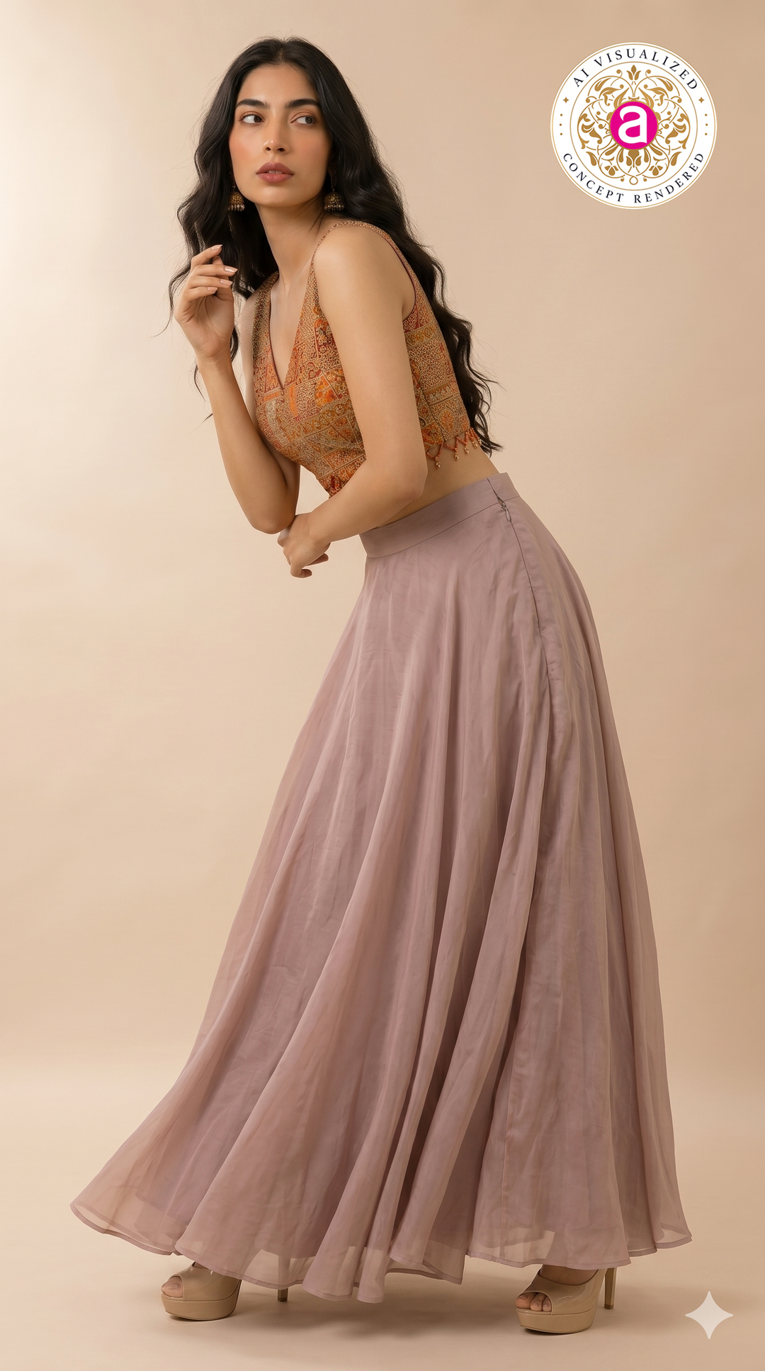 Mauve Palazzo Set with Multicolour Embroidered Blouse & Cape Dupatta