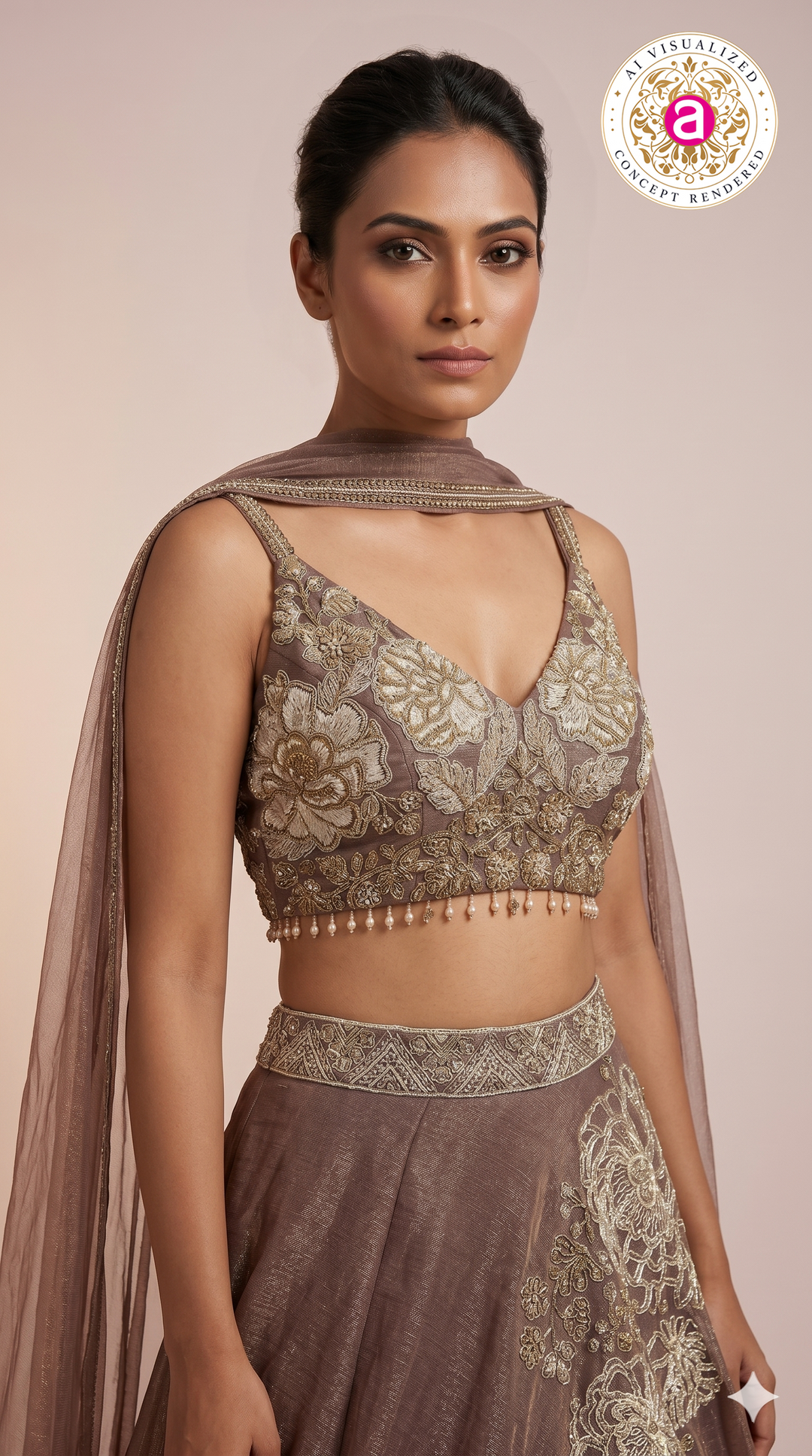 Mocha Brown Designer Lehenga Set with Floral Embroidery & Sheer Cape Dupatta