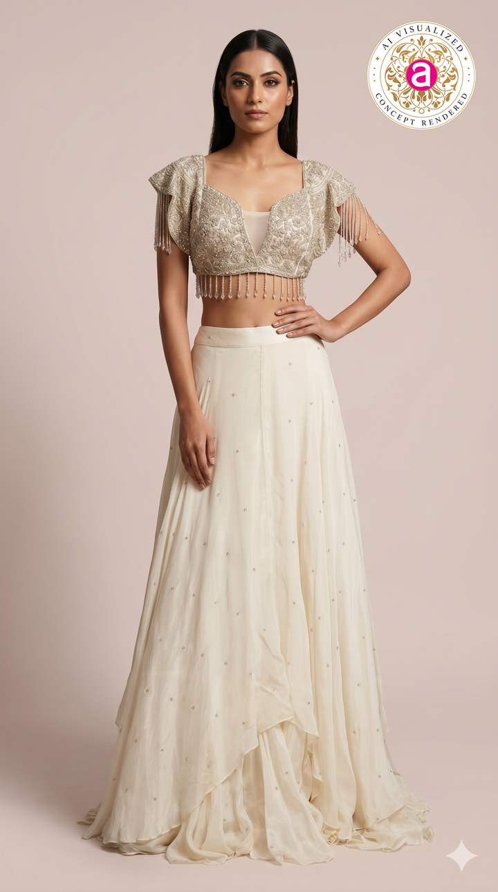 Ivory Pearl Embellished Draped Lehenga Set with Fringe Detailed Blouse