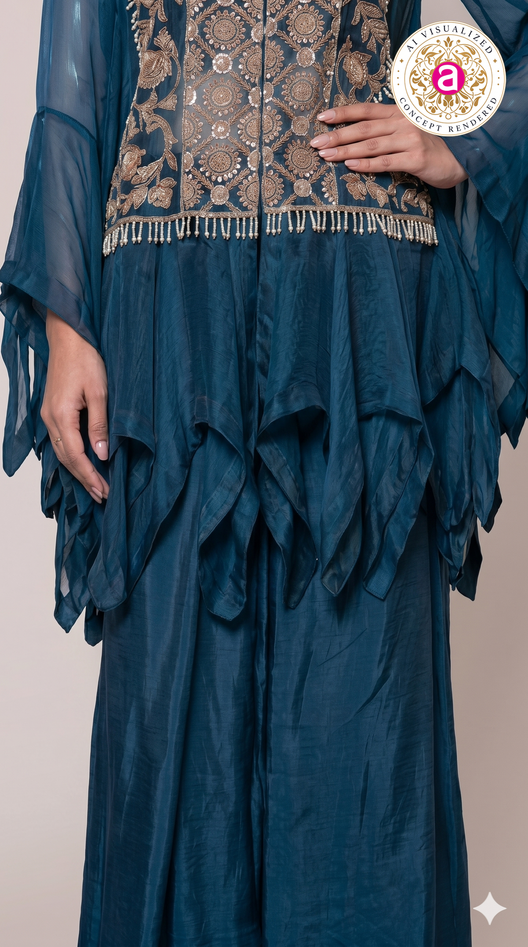 Teal Blue Embroidered Cape Style Designer Co-Ord Set