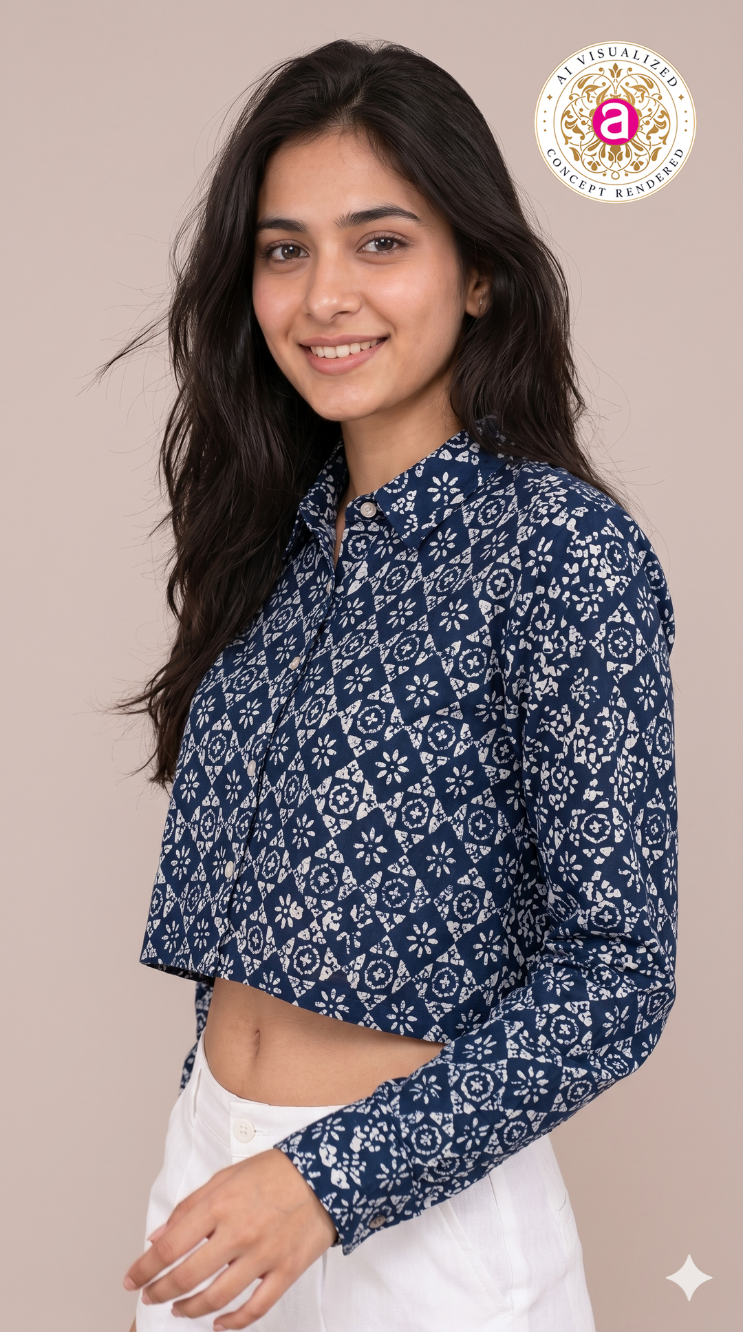 Navy Blue Geometric Printed Crop Shirt Top