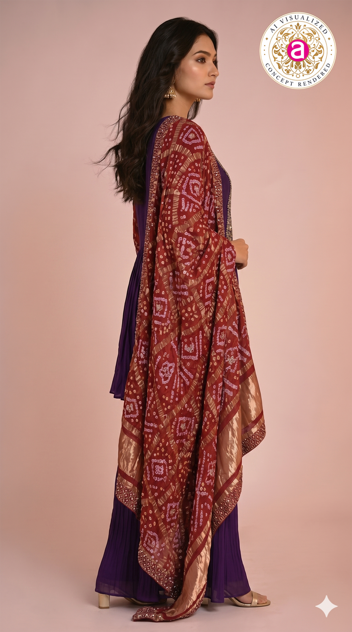 Royal Purple Embroidered Designer Sharara Set with Bandhani Dupatta
