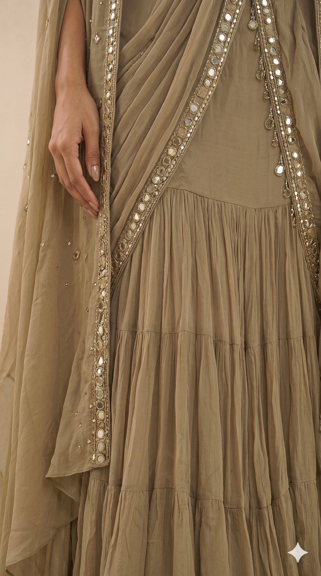 Olive Taupe Ready-to-Wear Draped Saree with Mirror Embellished Blouse & Cape
