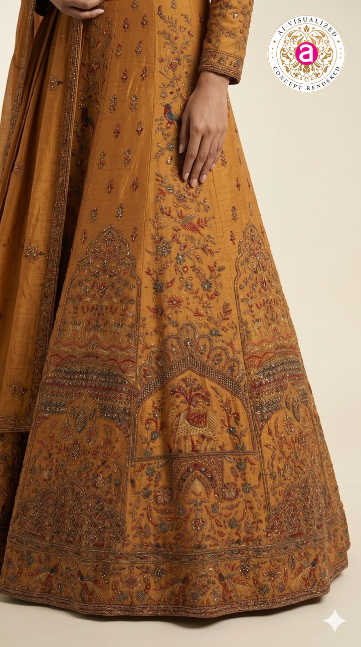 Mustard Yellow Embroidered Lehenga Set with Full Sleeve Designer Blouse & Dupatta