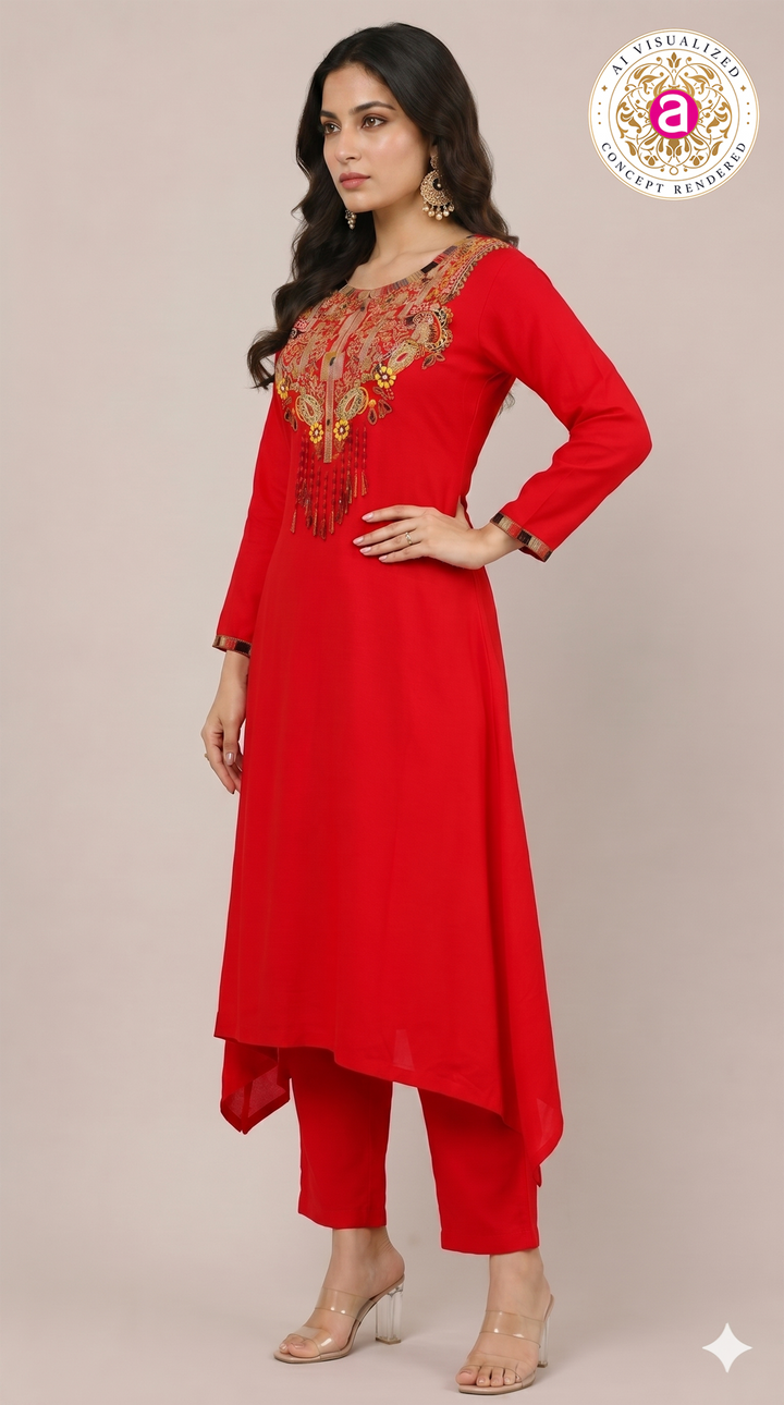 Red Handwork Kurta Pant Set
