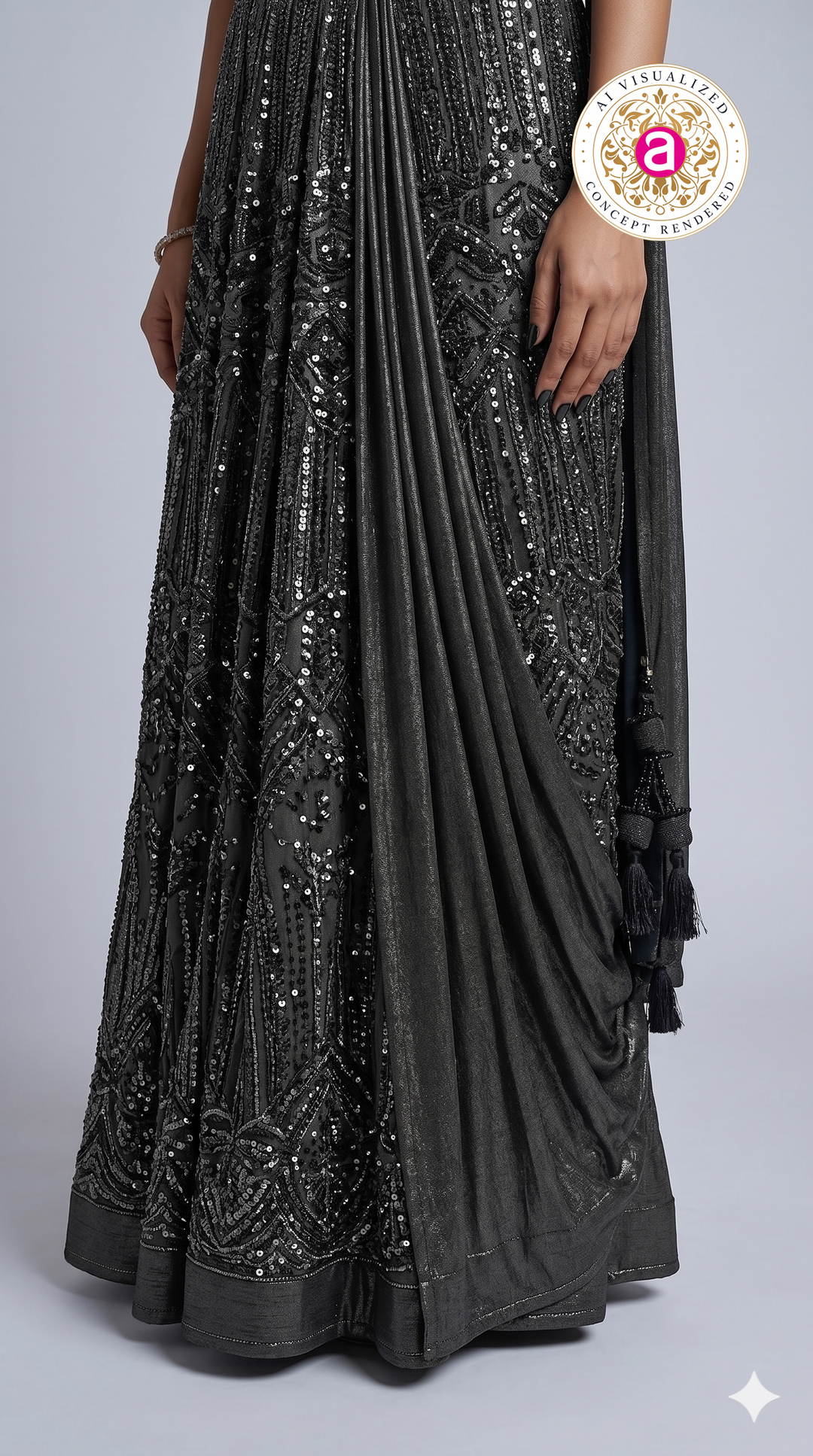 Midnight Black Ready-to-Wear Saree with Embellished Designer Blouse & Draped Pleats