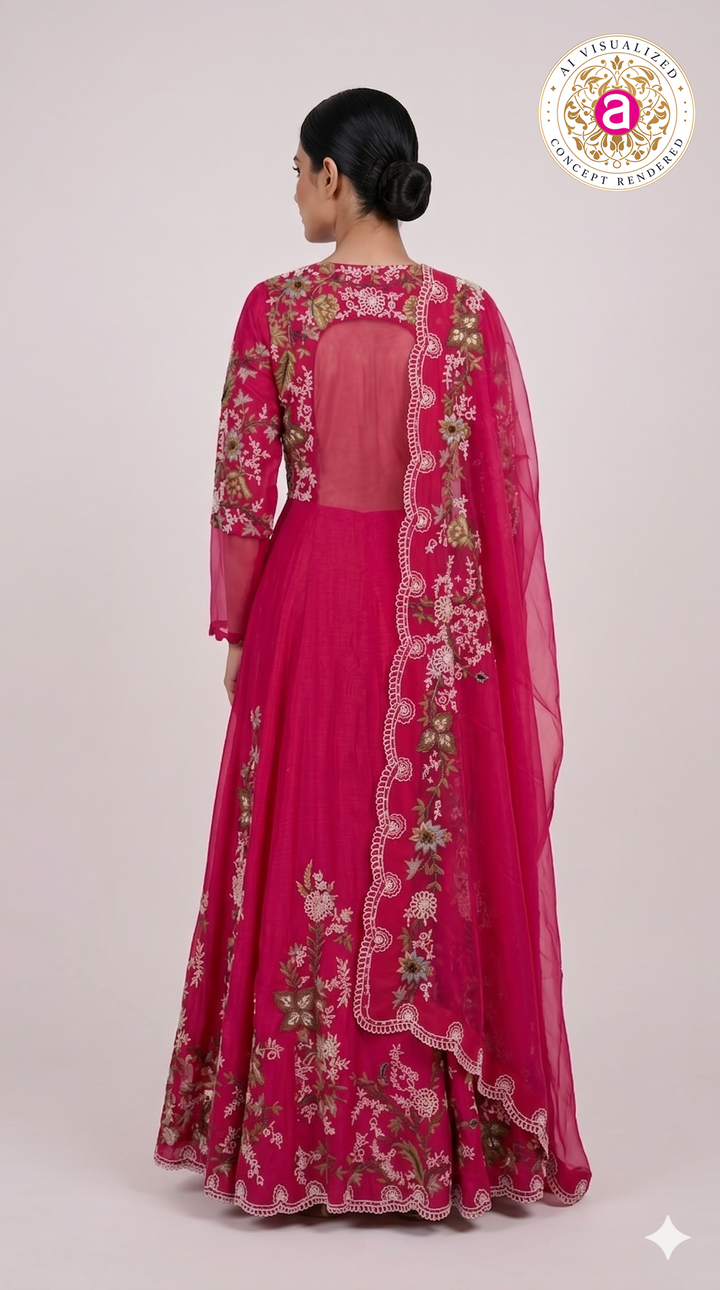 Rani Pink Floral Embroidered Anarkali Gown with Organza Dupatta