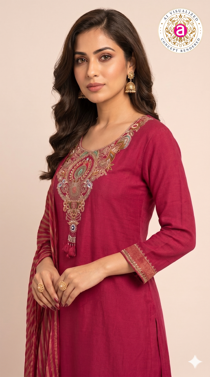 Rani Pink Handwork Kurta Palazzo Set with Dupatta