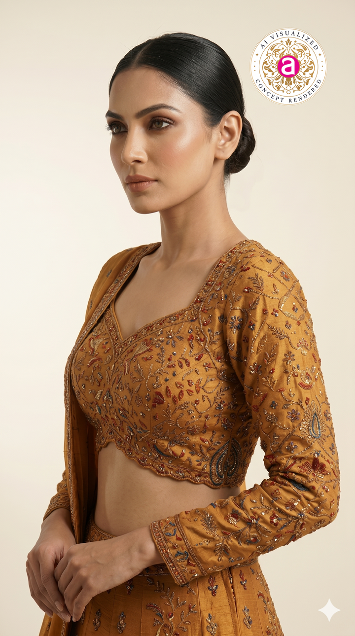 Mustard Yellow Embroidered Lehenga Set with Full Sleeve Designer Blouse & Dupatta