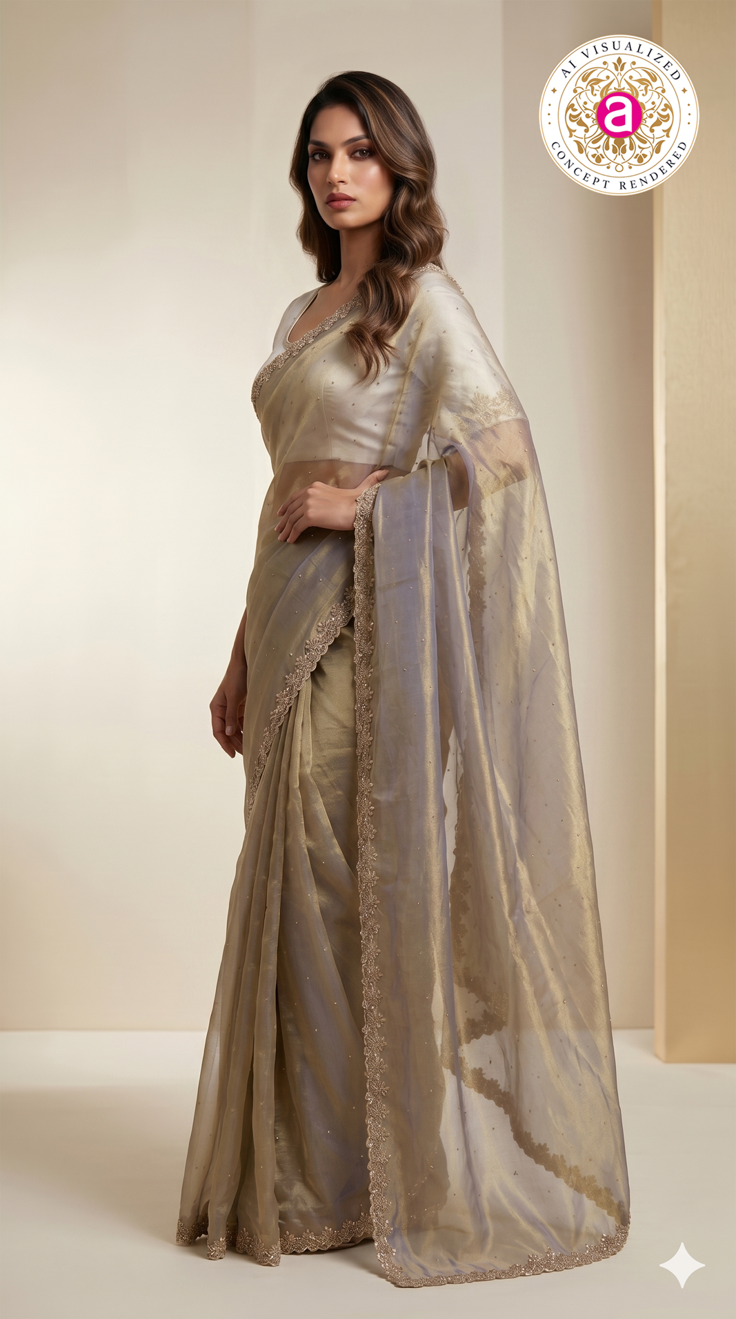 Champagne Grey Organza Saree with Hand Embroidered Border