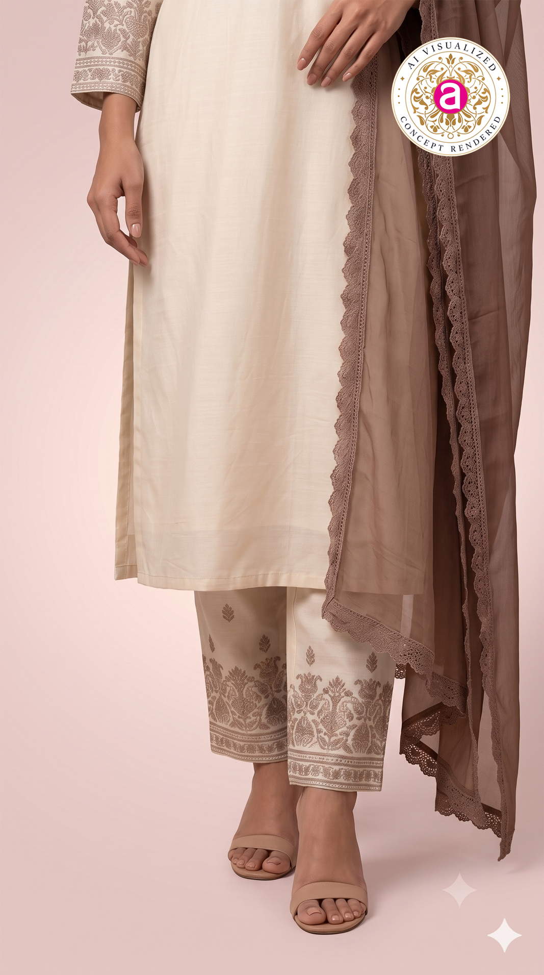 Ivory Embroidered Straight Kurta Set with Brown Dupatta