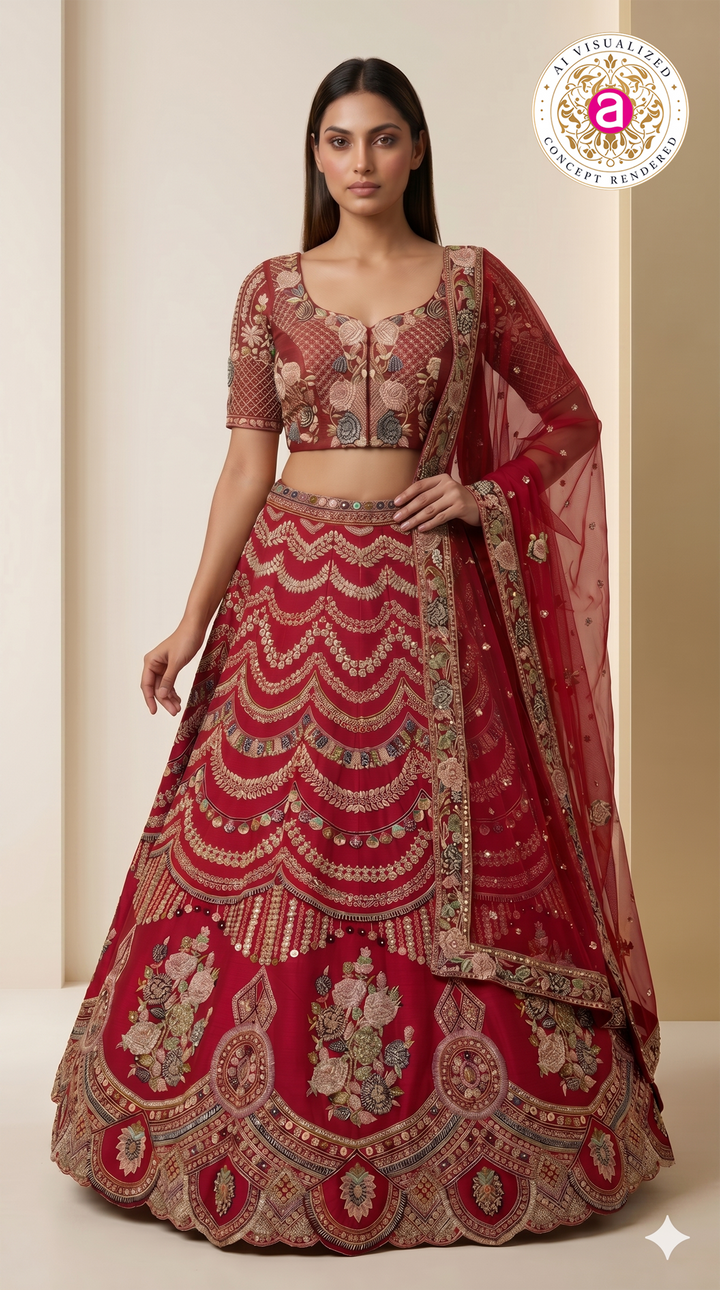 Ruby Red Designer Bridal Lehenga Set with Floral Embroidery & Ornate Zari Detailing