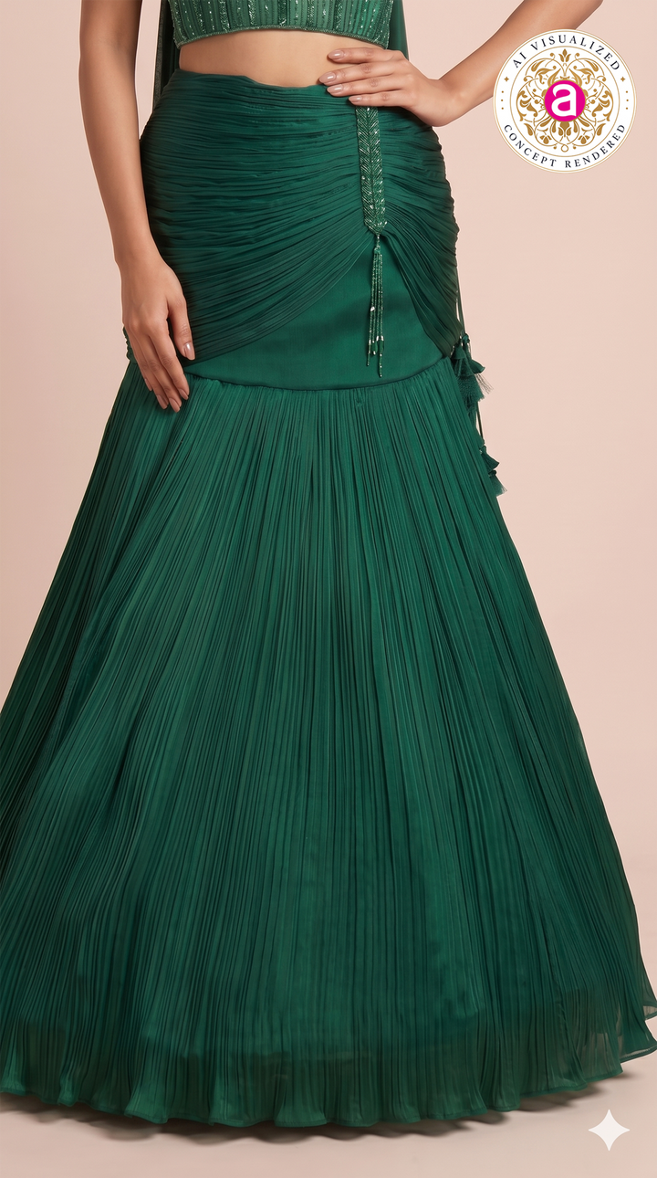 Emerald Green Designer Mermaid Lehenga Set with Embellished Crop Top