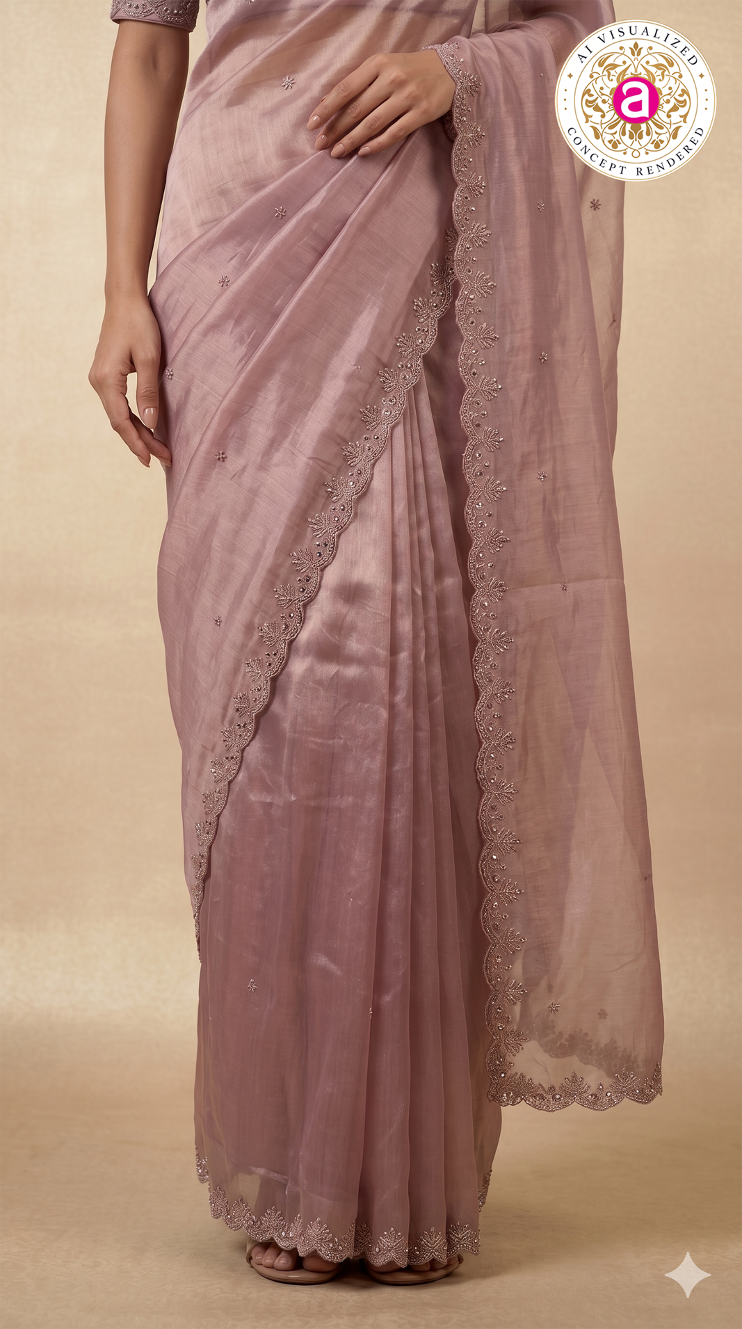 Blush Pink Tissue Silk Saree with Delicate Hand Embroidered Border
