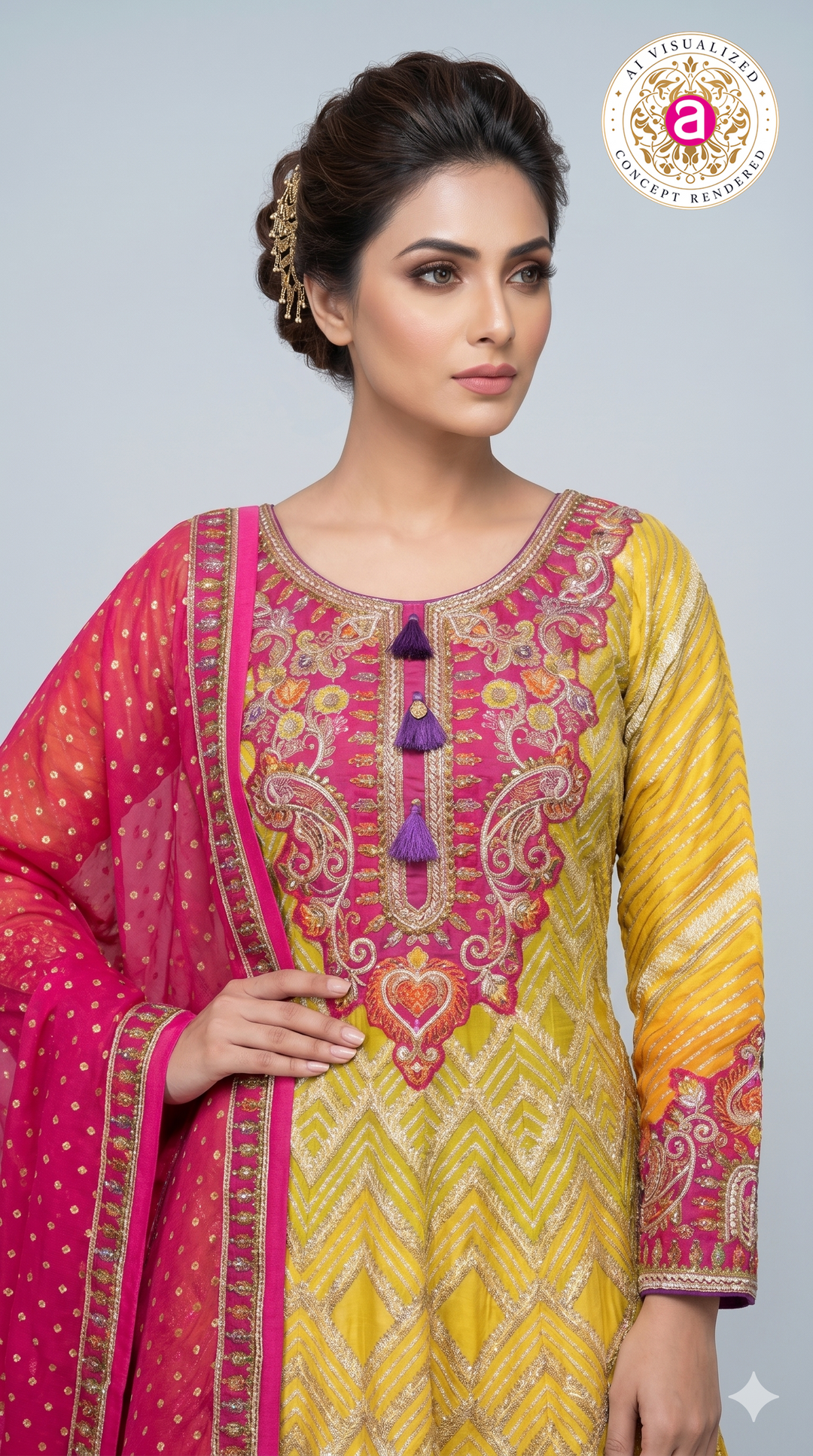 Sunshine Yellow & Rani Pink Embroidered Anarkali Gown with Designer Dupatt