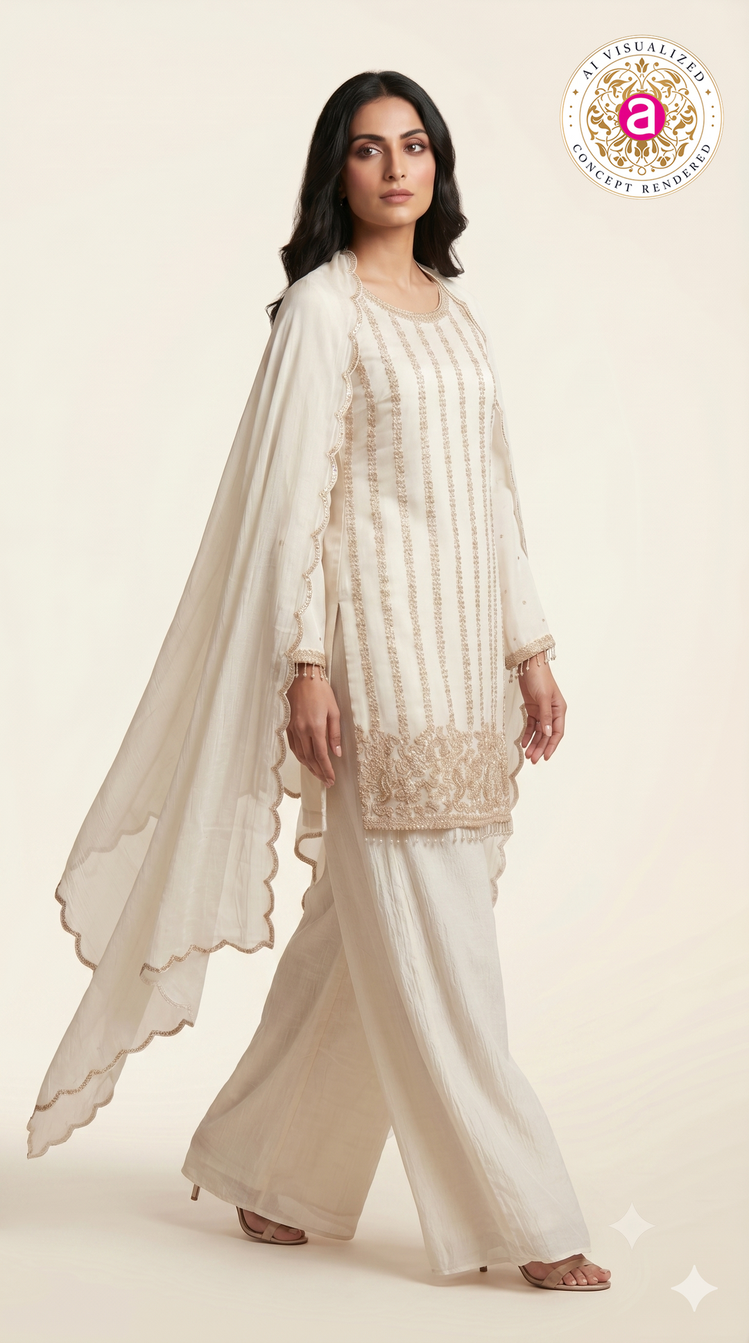 Elegant Ivory Embroidered Kurta Palazzo Set with DupattaElegant Ivory Embroidered Kurta Palazzo Set with Dupatta