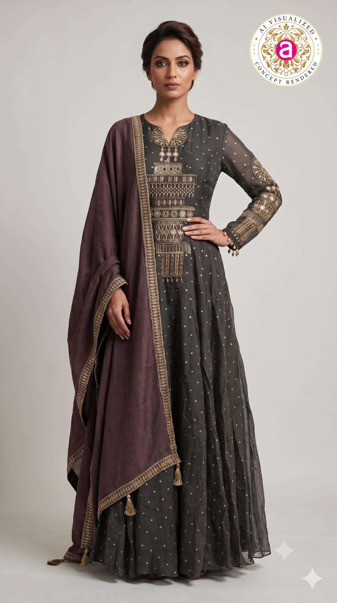 Charcoal Grey Embroidered Anarkali Suit Set with Wine Dupatta