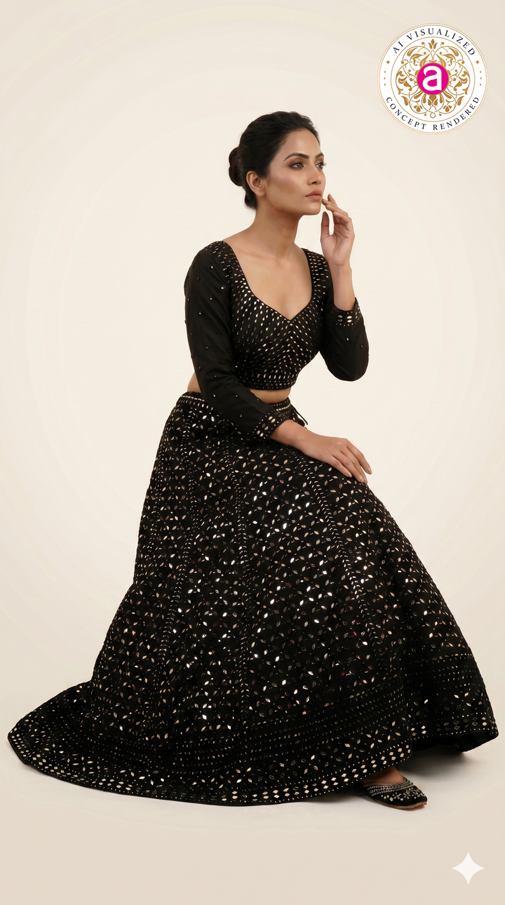 Midnight Black Mirror Work Lehenga Set with Full Sleeve Designer Blouse