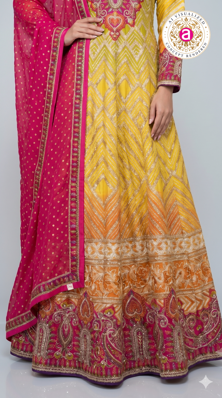 Sunshine Yellow & Rani Pink Embroidered Anarkali Gown with Designer Dupatt