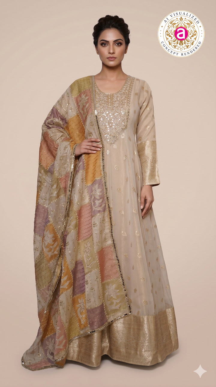 Ivory Gold Embroidered Anarkali Gown with Multicolour Patchwork Dupatta