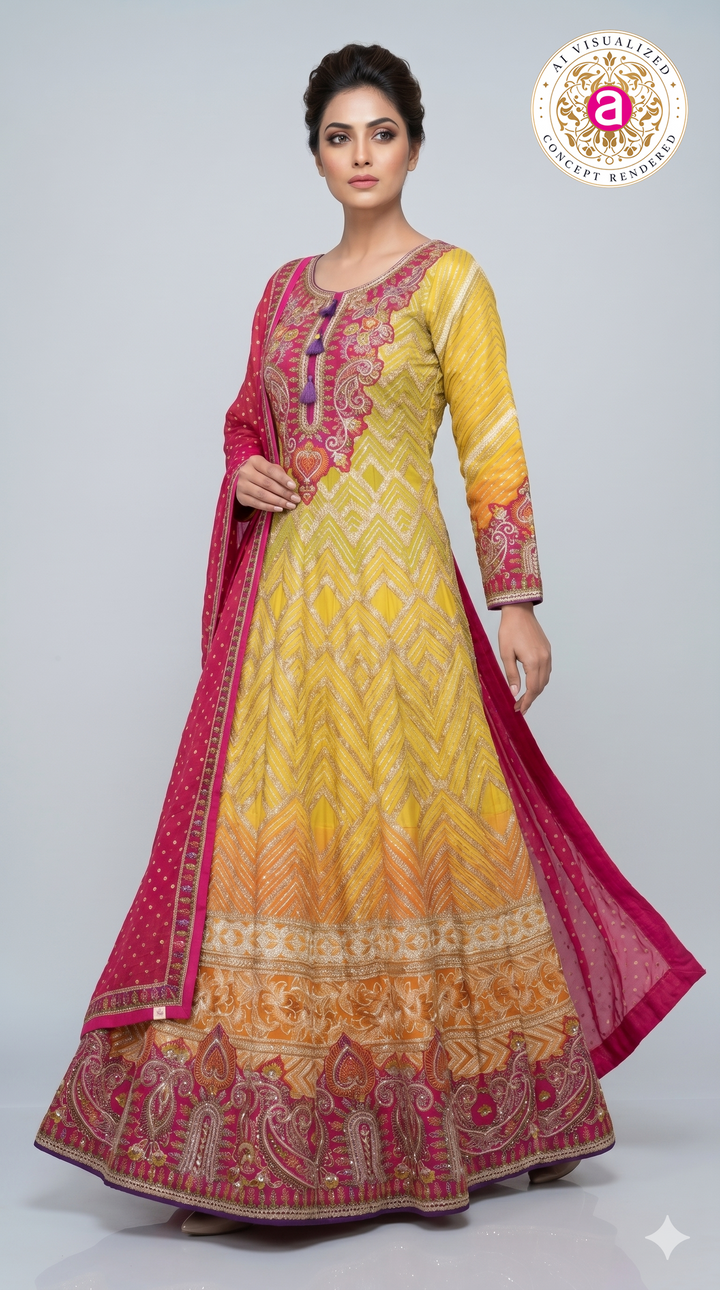Sunshine Yellow & Rani Pink Embroidered Anarkali Gown with Designer Dupatt