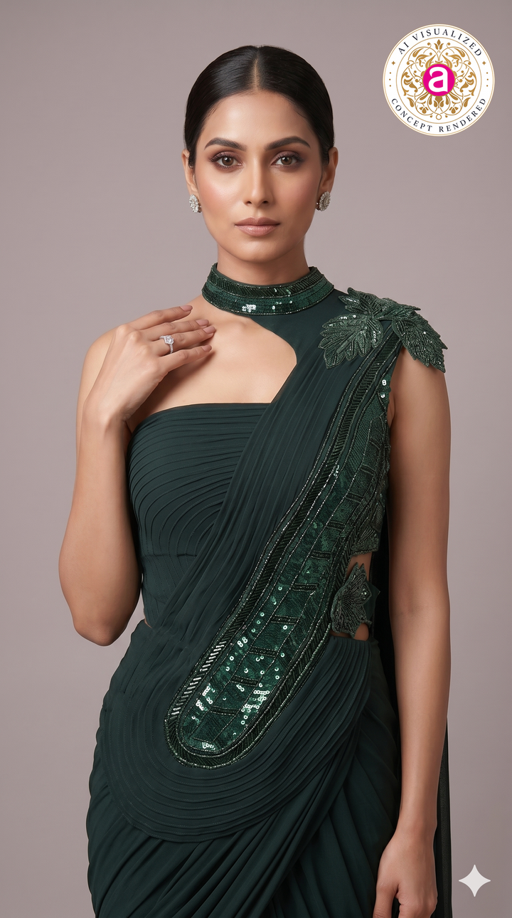 Emerald Green Ready-to-Wear Saree with Sequined Embellishments & Designer Neck Detail
