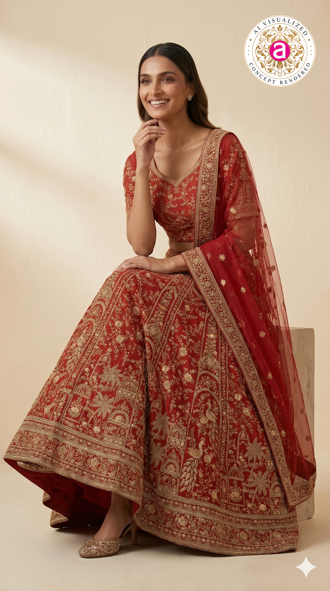 Bridal Red Designer Lehenga Set with Heavy Zari Embroidery & Net Dupatta