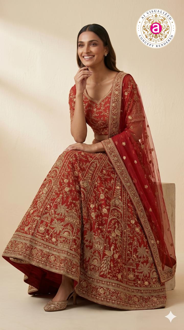Bridal Red Designer Lehenga Set with Heavy Zari Embroidery & Net Dupatta