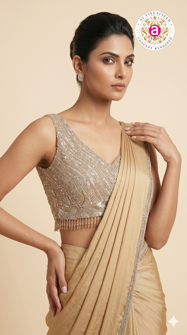 Champagne Gold Ready-to-Wear Saree with Sequined Designer Blouse & Elegant Border