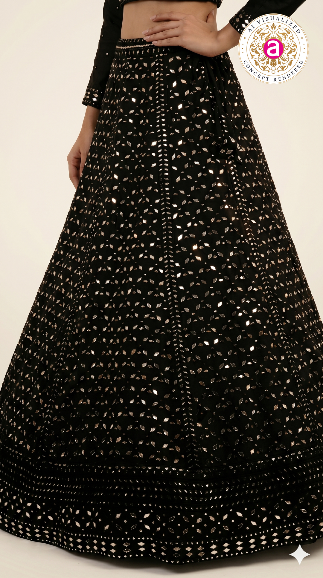 Midnight Black Mirror Work Lehenga Set with Full Sleeve Designer Blouse