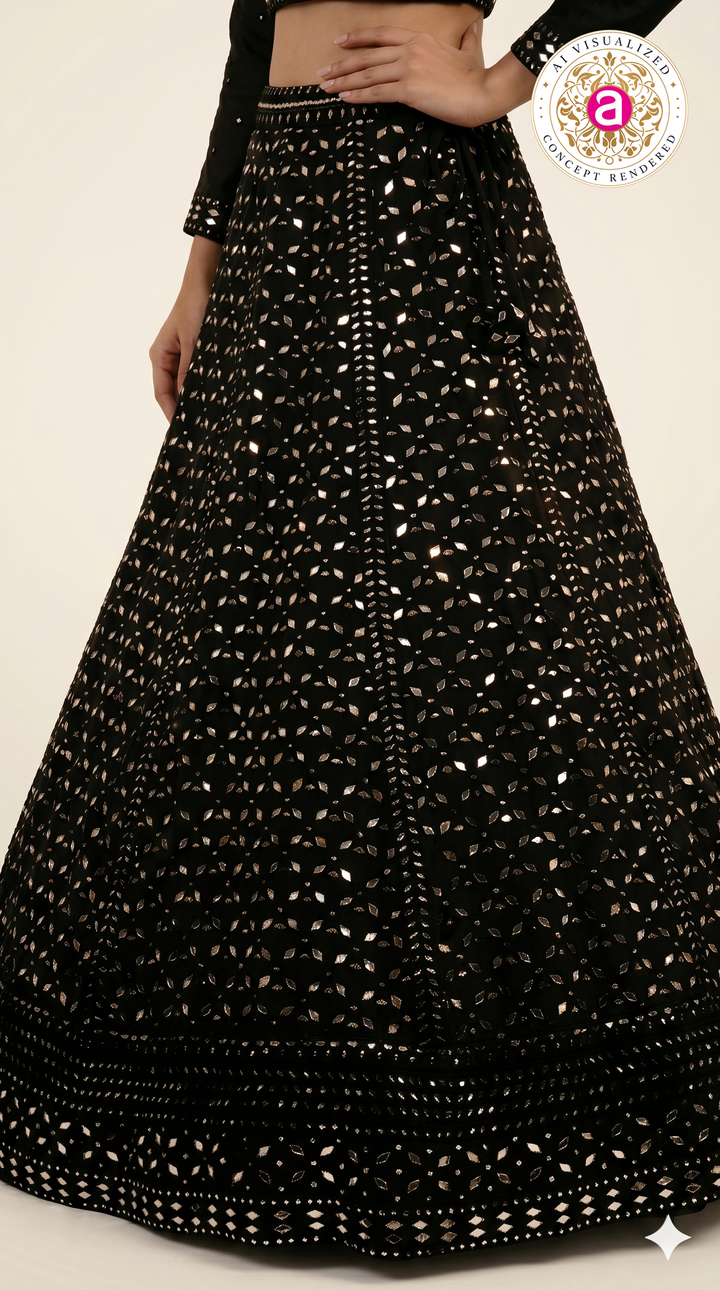 Midnight Black Mirror Work Lehenga Set with Full Sleeve Designer Blouse