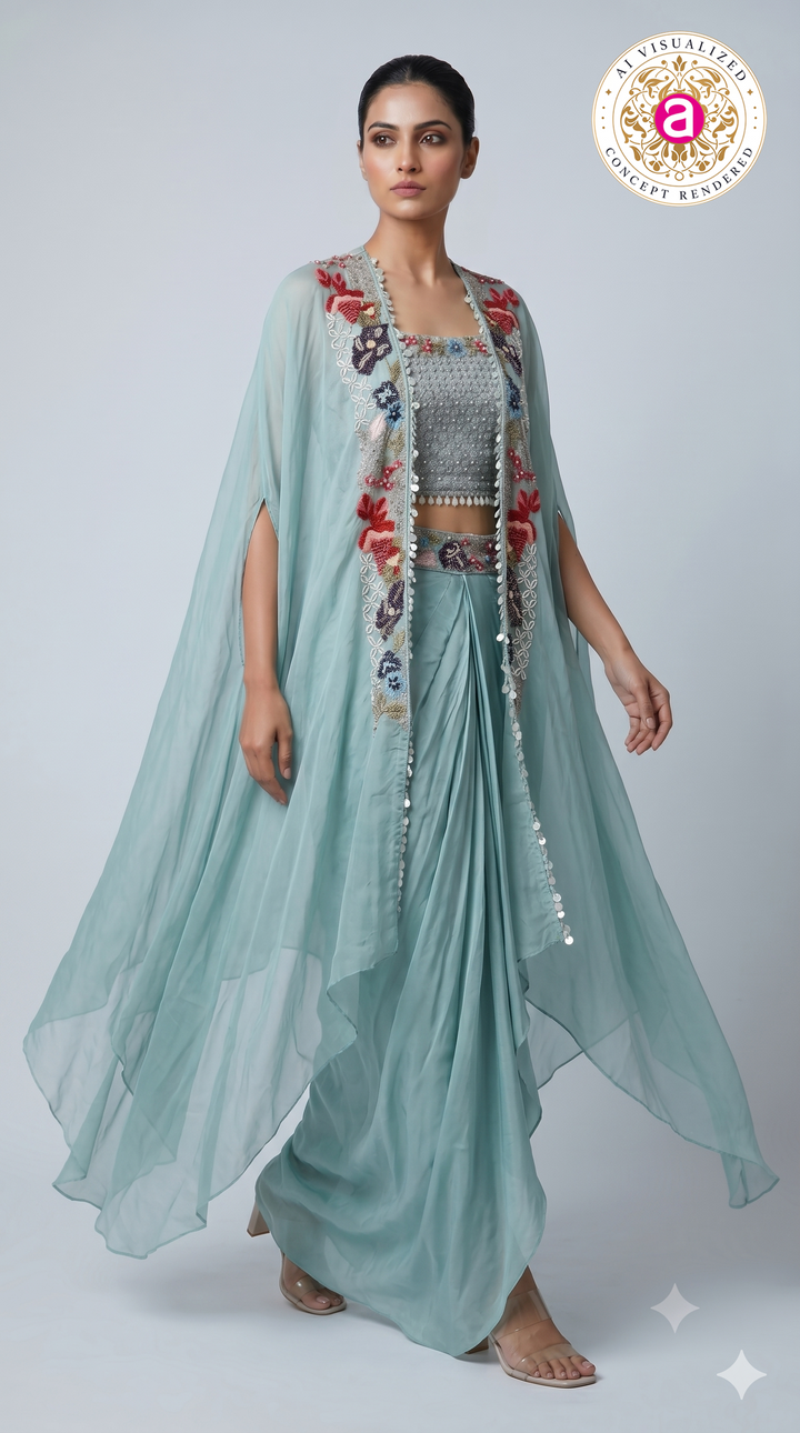 Powder Blue Embroidered Cape Style Designer Ensemble