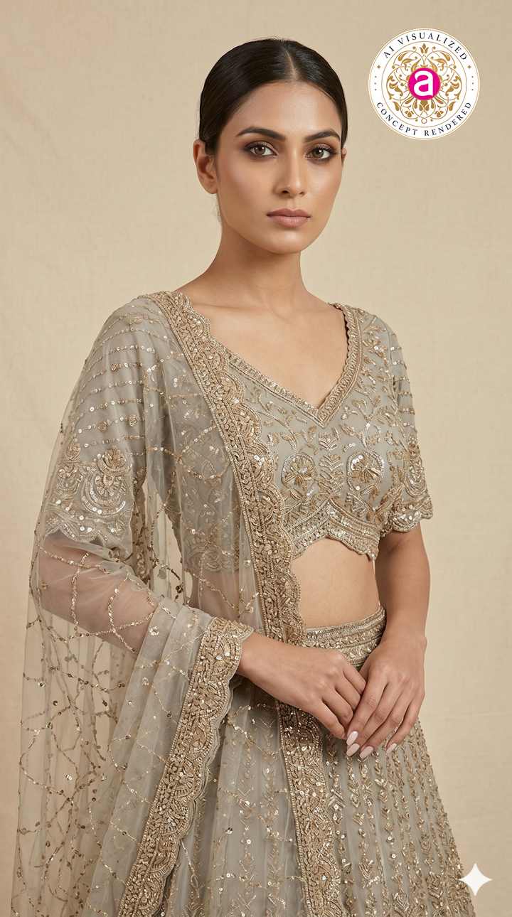 Champagne Beige Designer Lehenga Set with Sequin Embroidery & Embellished Net Dupatta