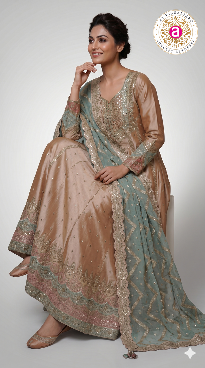 Champagne Gold Anarkali Suit Set with Embroidered Dupatta