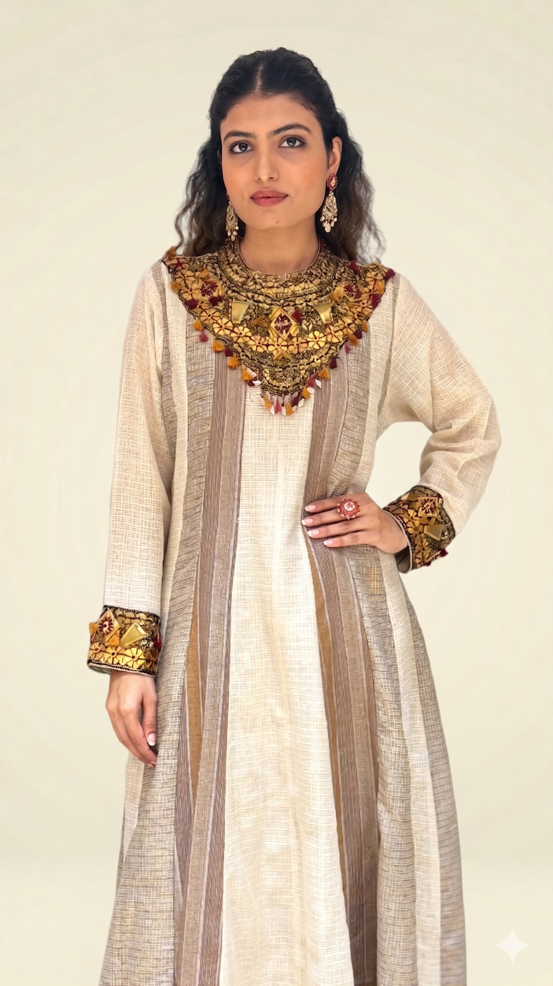 Beige Handcrafted A-Line with Embellished Statement Yoke