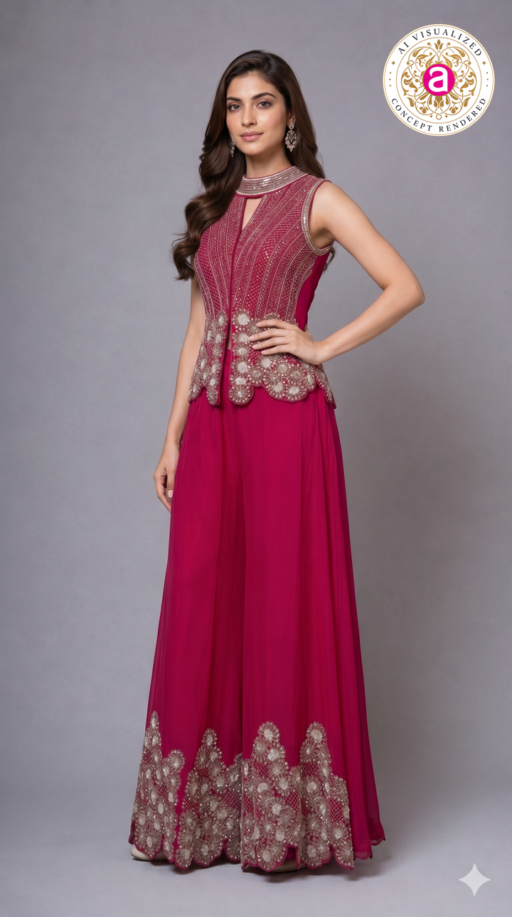 Rani Pink Embroidered Palazzo Set with Statement Jacket Top